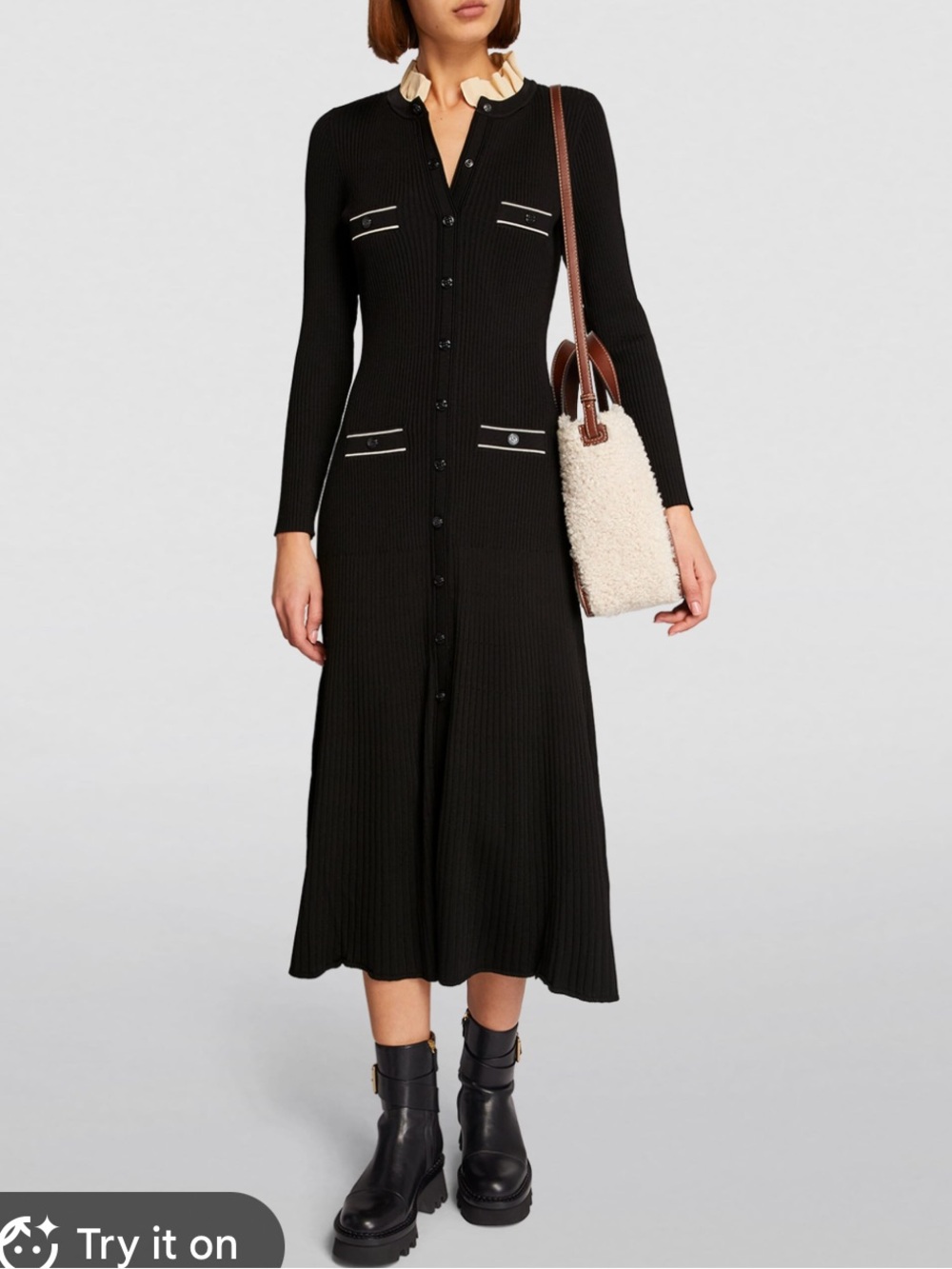 Sandro Black Ribbed Button-Front Midi dress S 36
